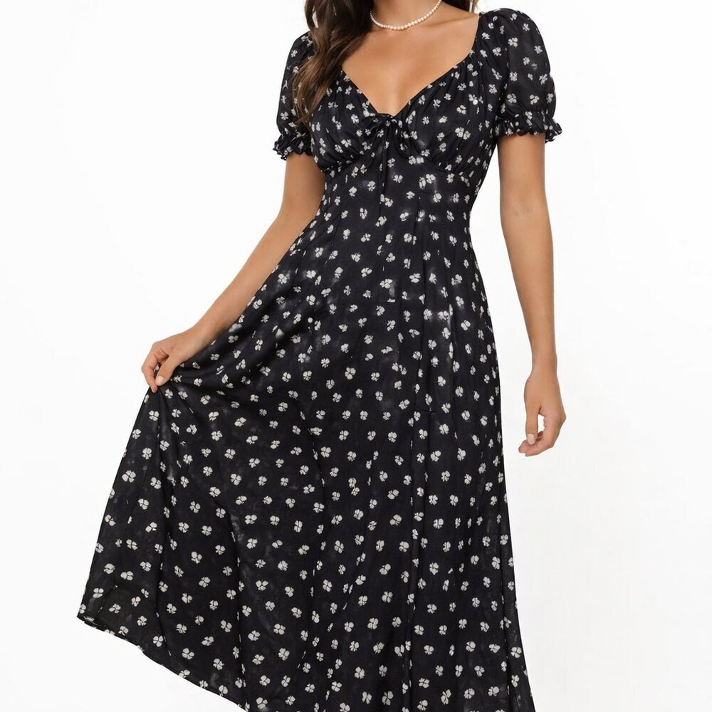 Black Floral Midi Dress Puff Sleeve Tie Front Cottagecore Whimsigoth Size XL